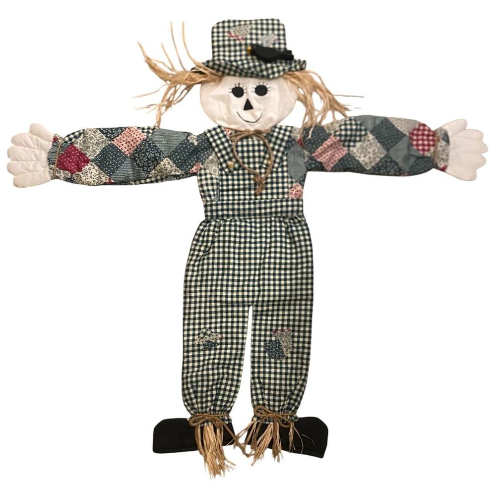 Handmade Cloth Scarecrow Fall Decor Multicolor Green 39" Tall Primitive